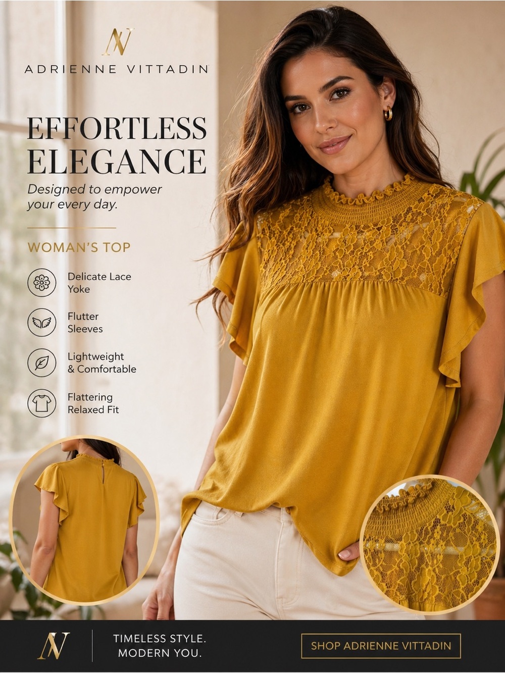 Adrienne Vittadini Mustard Lace‎ Yoke Ruffle Sleeve Blouse xl